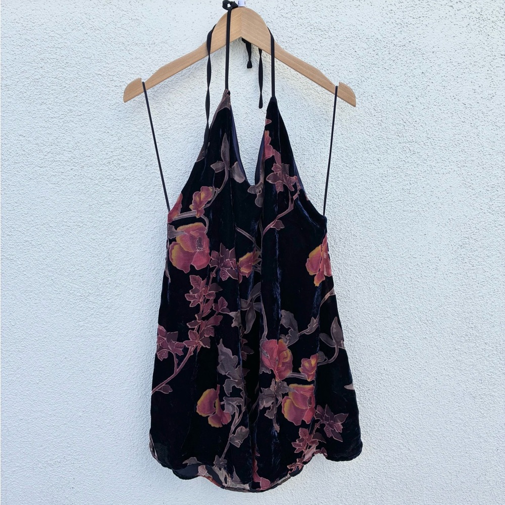 Maddy K Navy Velvet Floral Halter Mini Dress – Size L